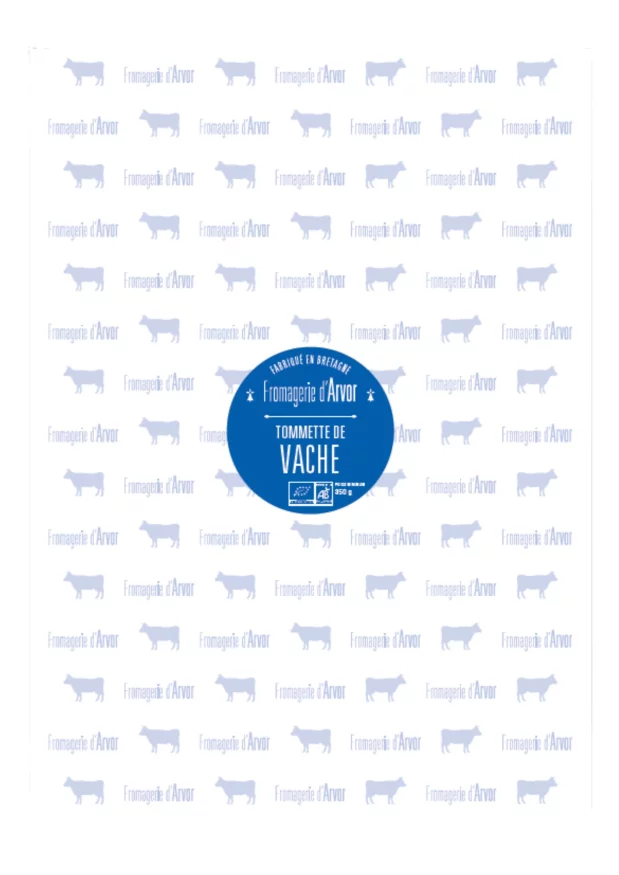 feuille d'emballage Fromagerie d'Arvor Tommette vache impression bleu sur papier technique