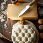 Etiquette fromage avec des noix sur un plateau
