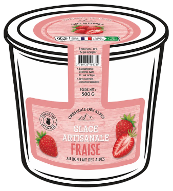 Pot avec une étiquettes d'inviolabilité de glace à la fraise