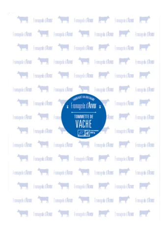 feuille d'emballage Fromagerie d'Arvor Tommette vache impression bleu sur papier technique